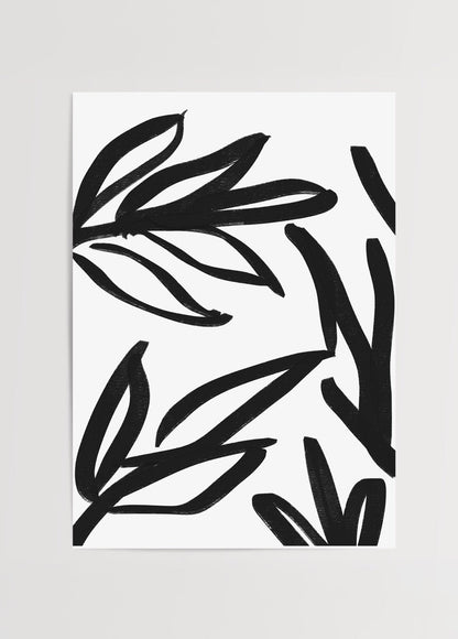 Dynamic leaf motif in bold black brushstrokes on white background.