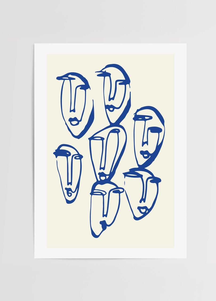 Minimalist abstract line faces artwork in blue on beige background.