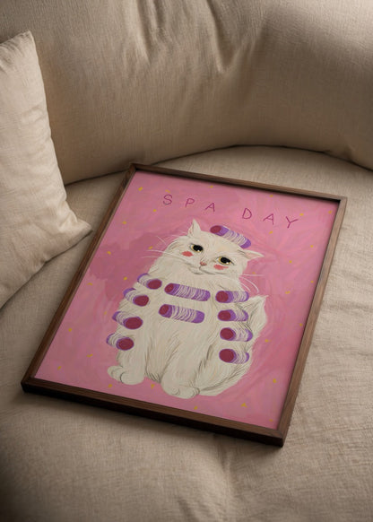 Whimsical illustration of a cat with spa rollers on a pink background.