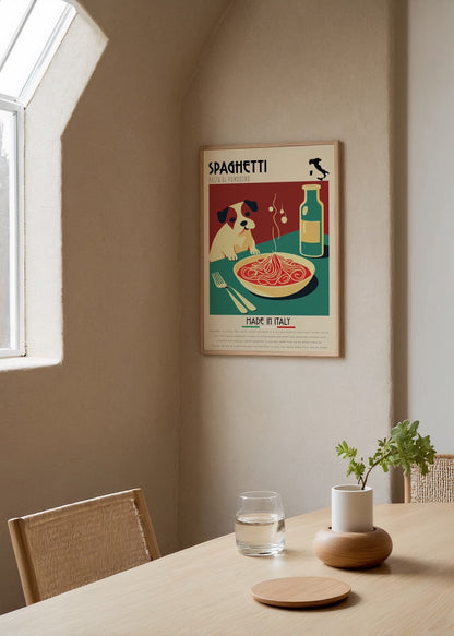 Vibrant illustration of spaghetti al pomodoro with a dog, perfect for kitchen decor.