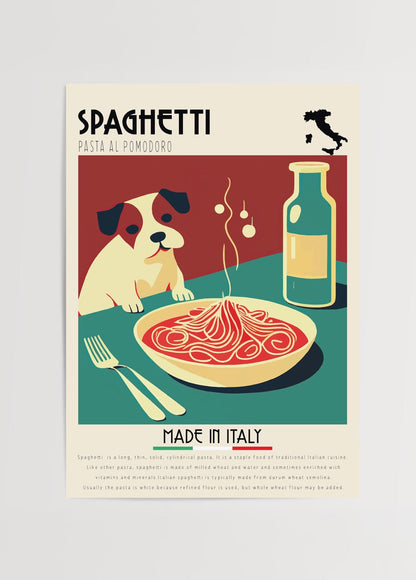 Vibrant illustration of spaghetti al pomodoro with a dog, perfect for kitchen decor.