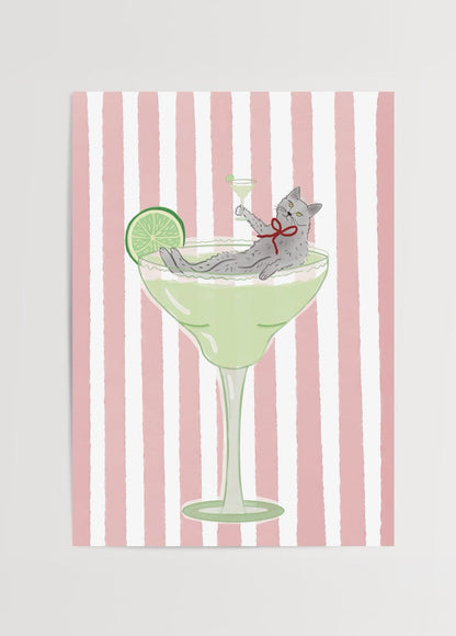 Whimsical cat lounging in a cocktail, ideal for playful wall art.