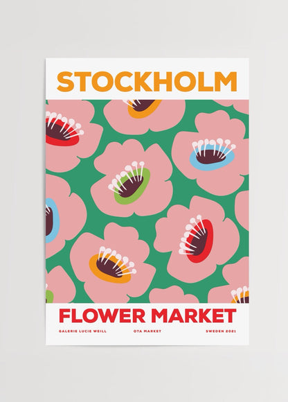 Vibrant floral poster featuring pink blooms set against a green background, ideal for wall art.