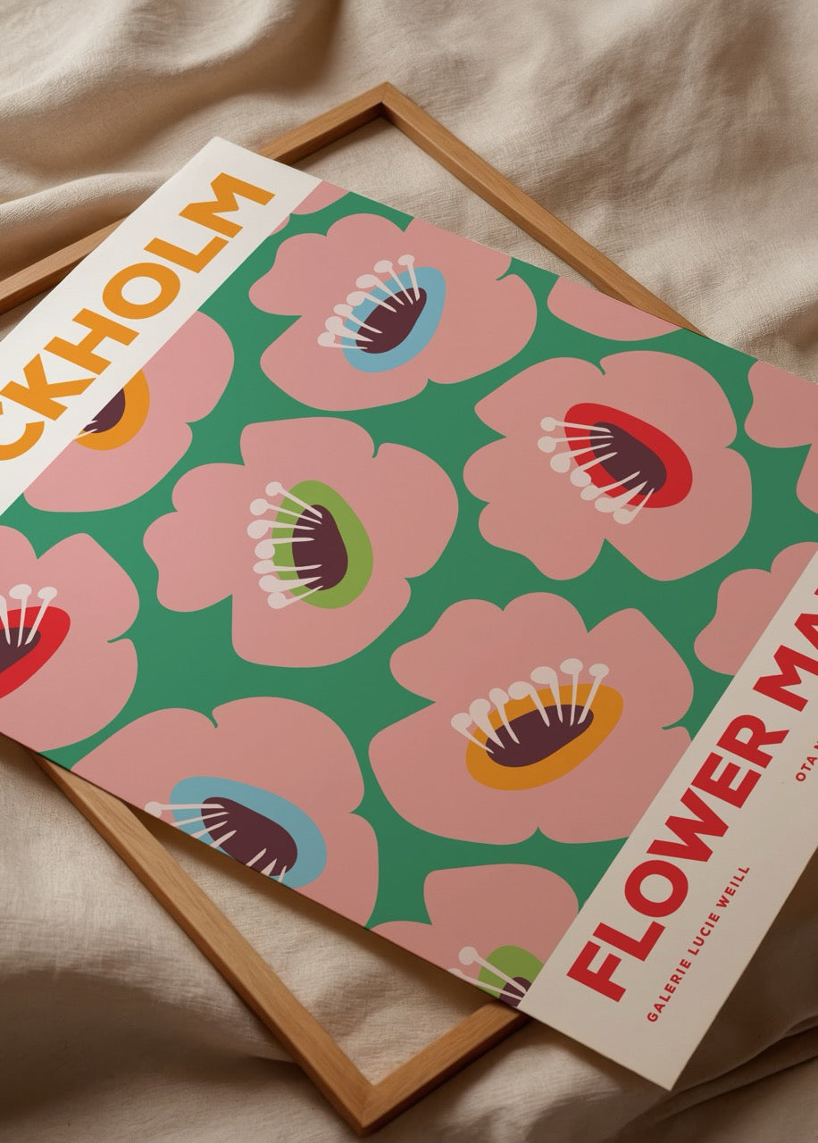 Vibrant floral poster featuring pink blooms set against a green background, ideal for wall art.