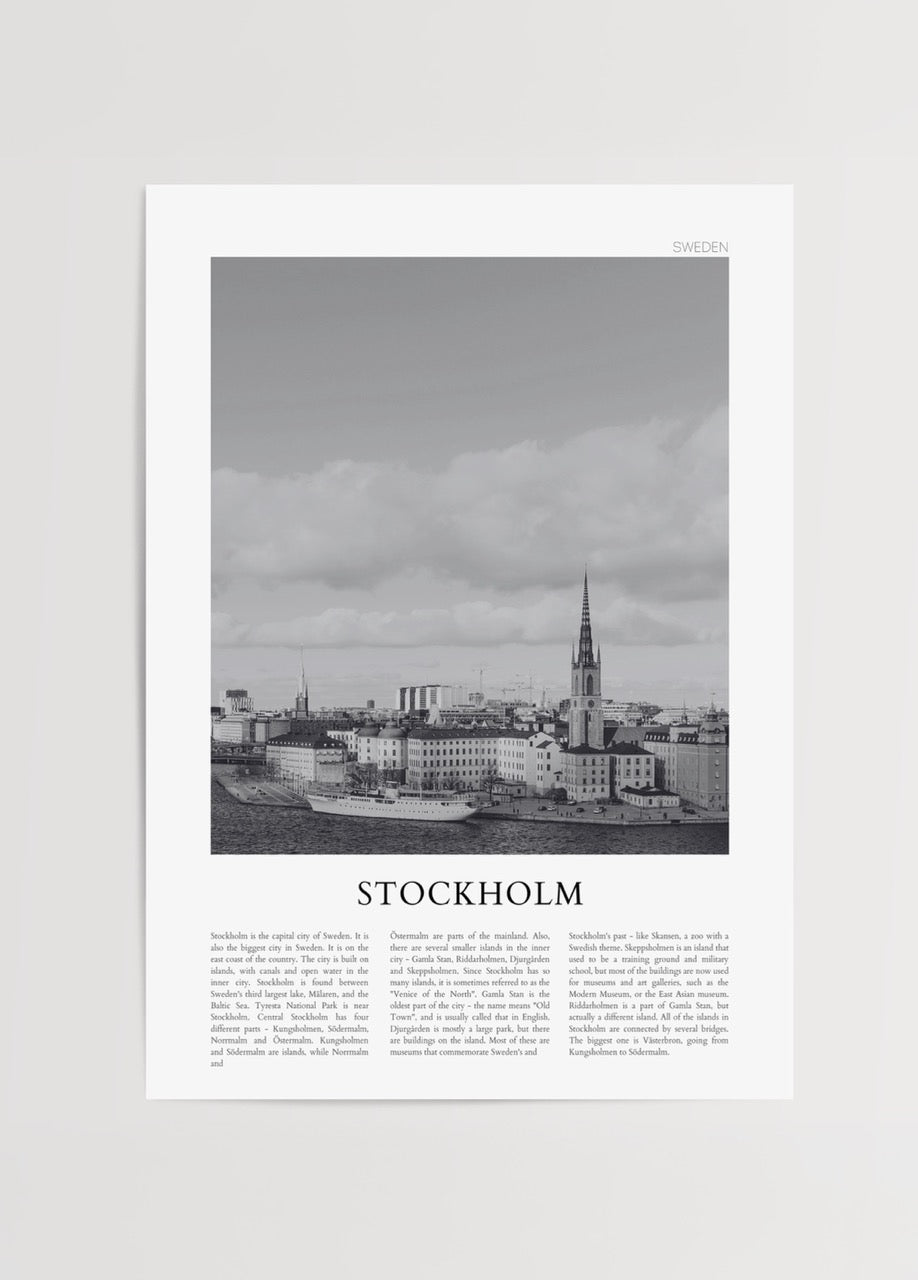 Monochrome cityscape poster of Stockholm with elegant architecture.