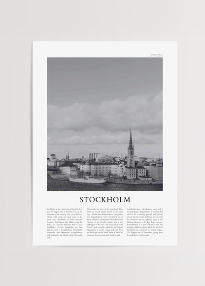 Monochrome cityscape poster of Stockholm with elegant architecture.