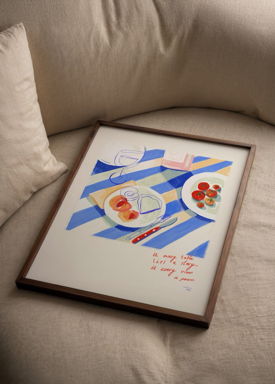Colourful table setting artwork featuring plates and glassware