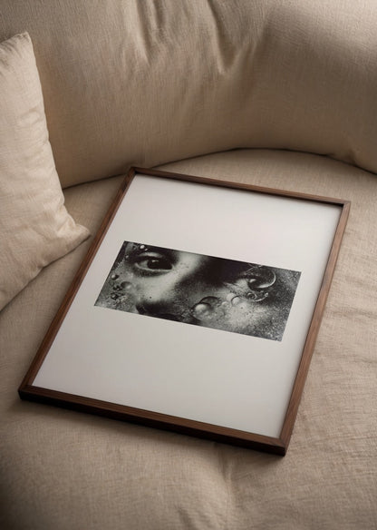 Black and white artistic poster print depicting underwater bubbles and a face for sophisticated wall art.