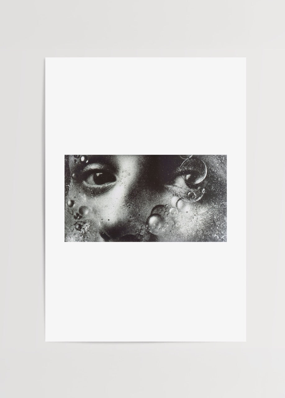 Black and white artistic poster print depicting underwater bubbles and a face for sophisticated wall art.