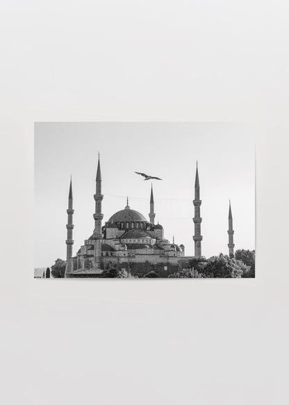 Black and white photographic print of Sultanahmet Mosque in Istanbul.