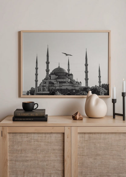 Black and white photographic print of Sultanahmet Mosque in Istanbul.