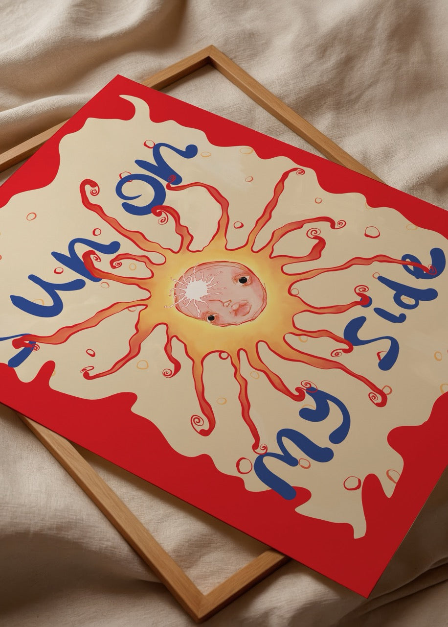 Vibrant illustration poster featuring a cheerful sun with text.