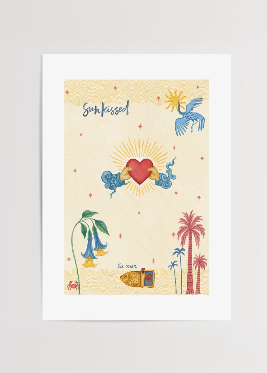 Vibrant poster featuring a sun, heart, and tropical motifs for a cheerful decor.