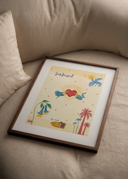 Vibrant poster featuring a sun, heart, and tropical motifs for a cheerful decor.