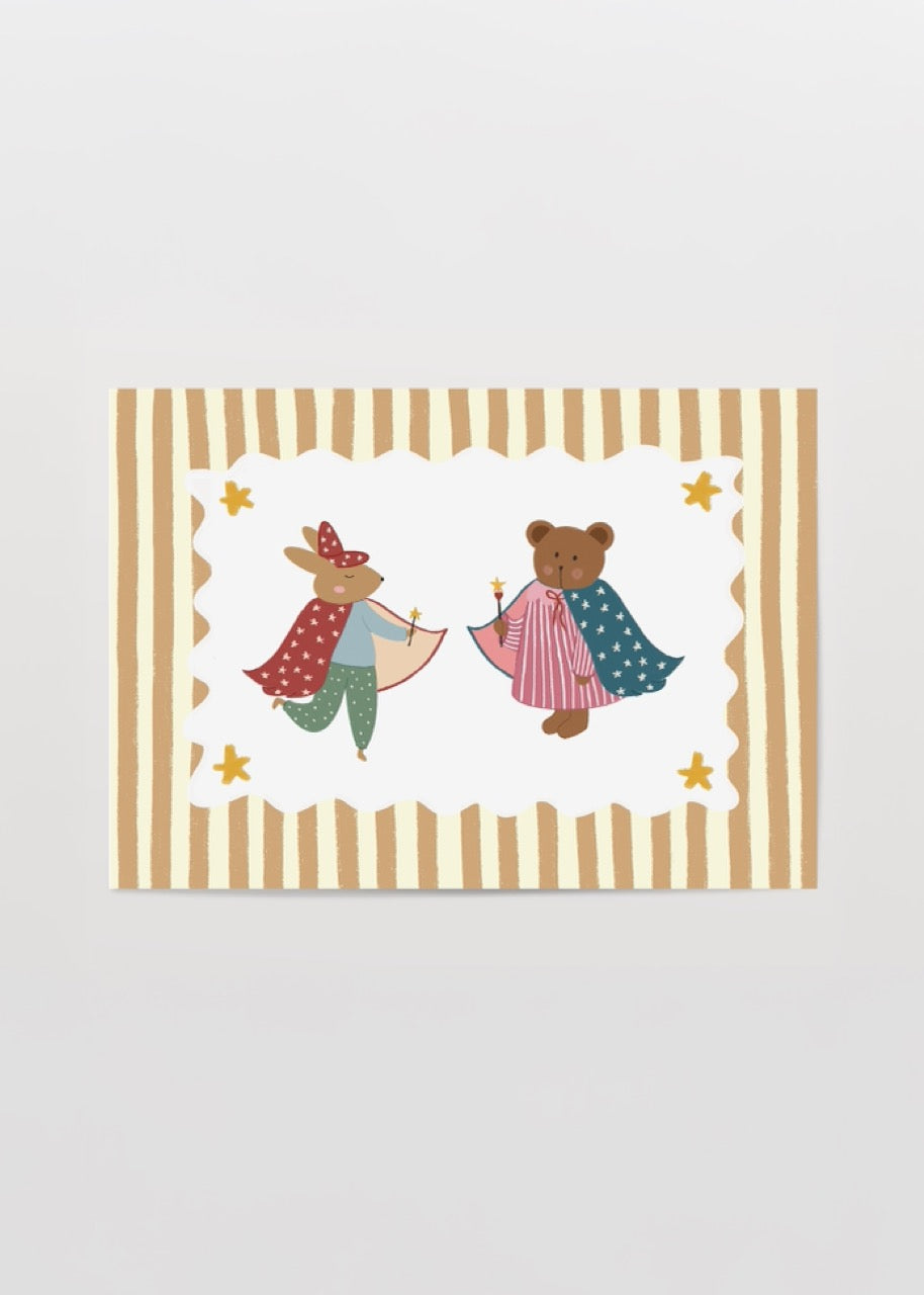 Whimsical poster featuring a rabbit and bear in superhero capes, perfect for kids&