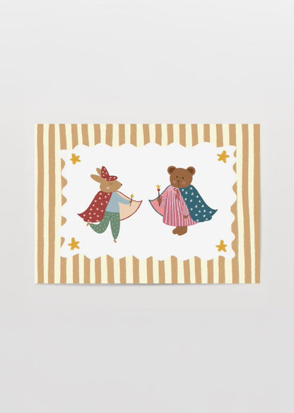 Whimsical poster featuring a rabbit and bear in superhero capes, perfect for kids&
