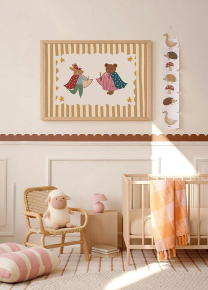 Whimsical poster featuring a rabbit and bear in superhero capes, perfect for kids&