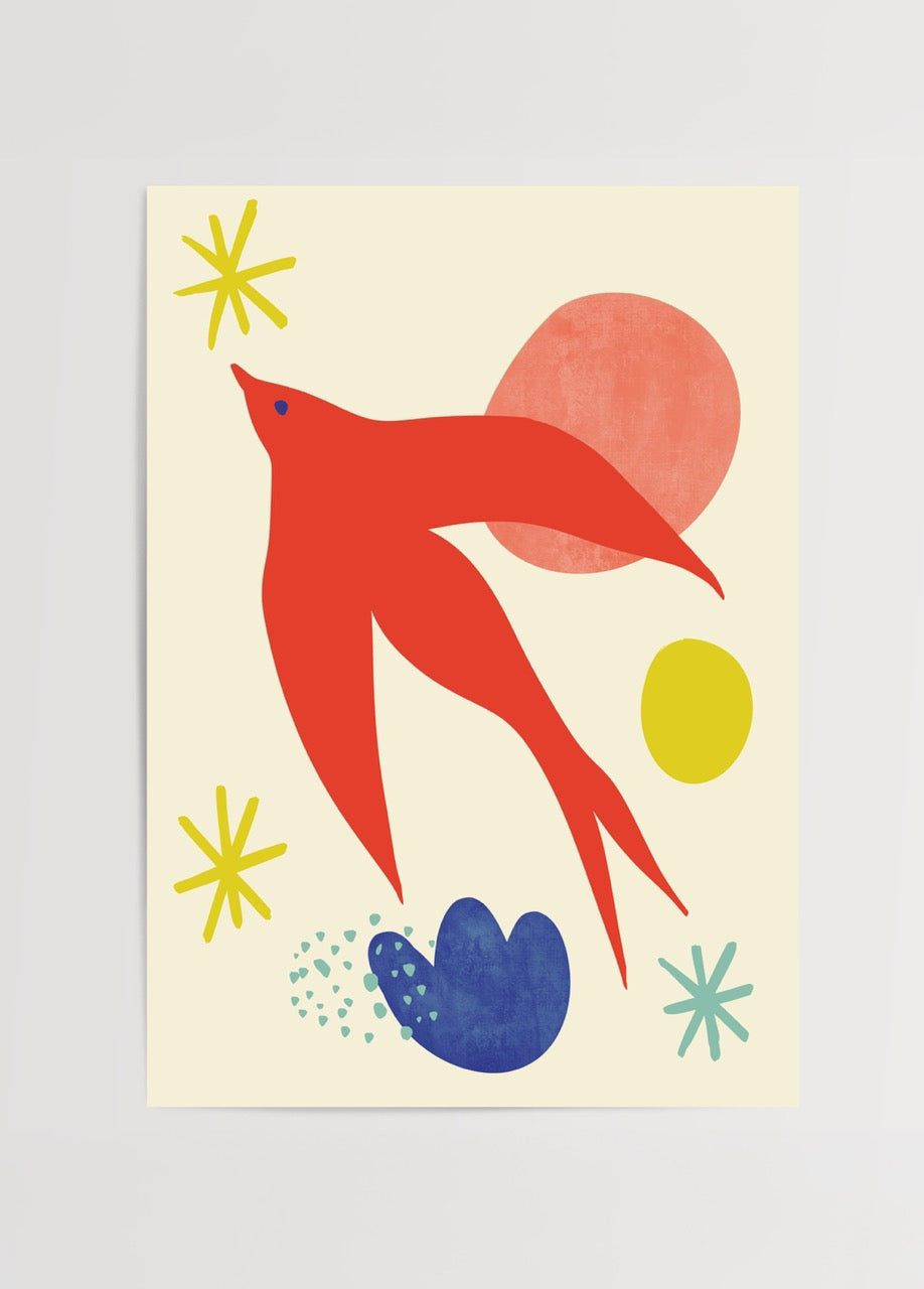 Vibrant swallow poster print featuring abstract shapes and bold colours.