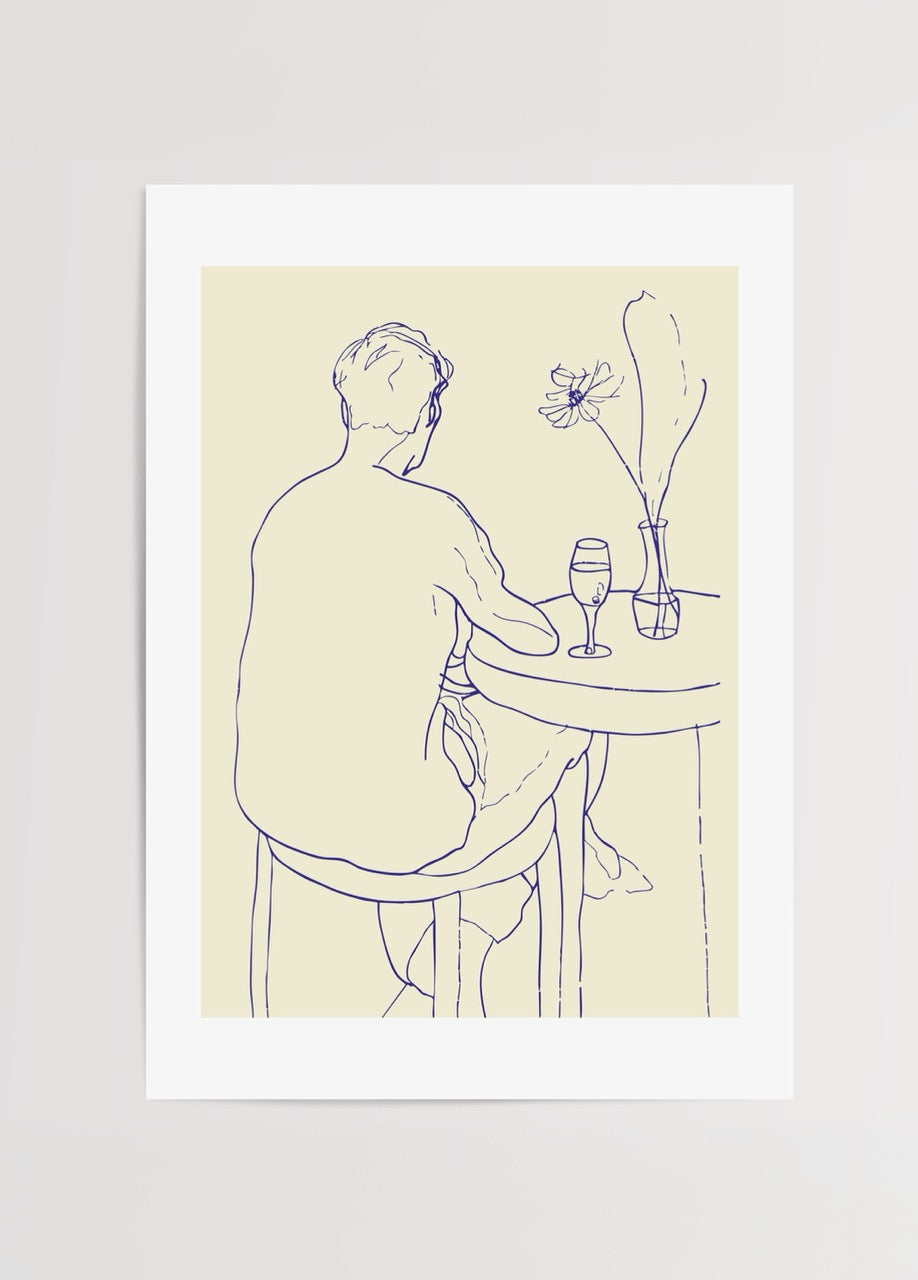 Minimalist line drawing of a person sitting at a table with a drink and a flower.