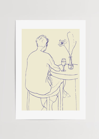 Minimalist line drawing of a person sitting at a table with a drink and a flower.