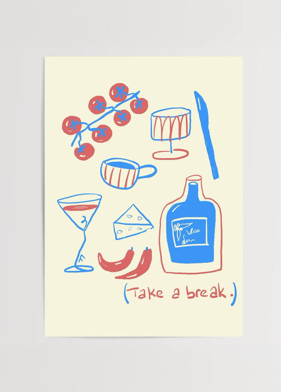 A playful illustration of food and drinks with the phrase &