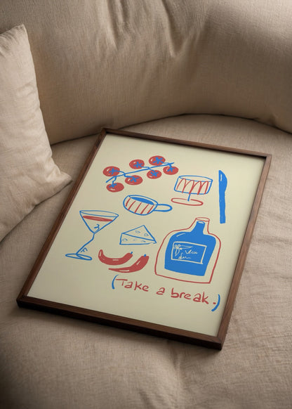 A playful illustration of food and drinks with the phrase &