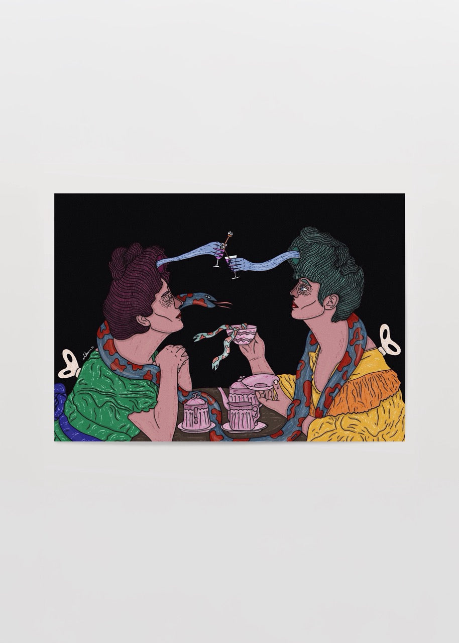 Illustrated poster print featuring a whimsical tea time scene with vibrant colours.
