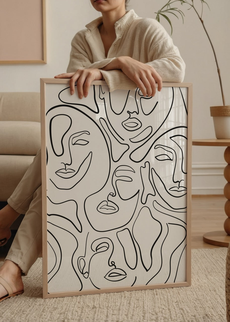 Abstract line faces art print showcasing minimalist design.