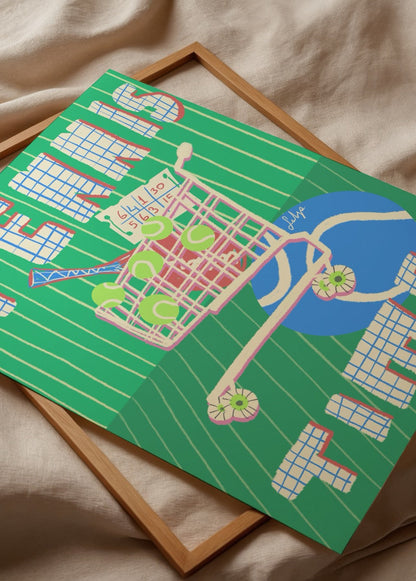 Vibrant Tennis Time Poster Print featuring a shopping cart with tennis balls.