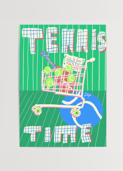 Vibrant Tennis Time Poster Print featuring a shopping cart with tennis balls.