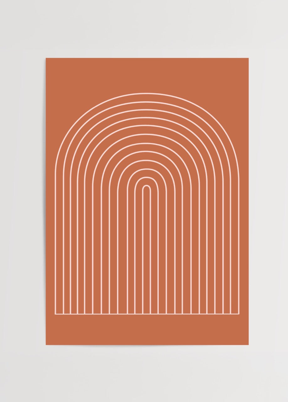 Minimalist Terracotta Arc print with flowing white lines.