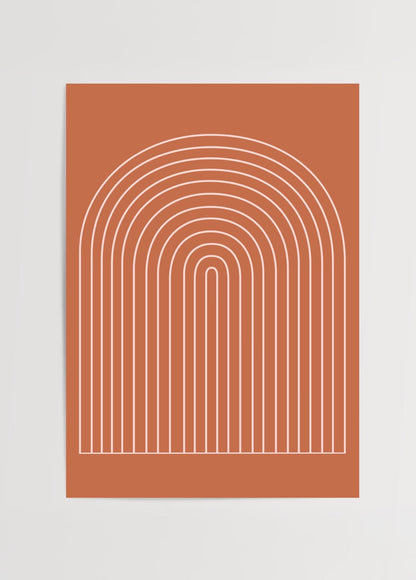 Minimalist Terracotta Arc print with flowing white lines.