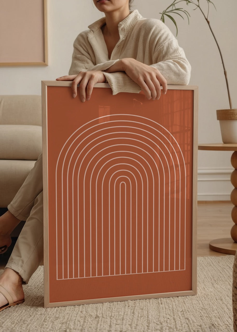 Minimalist Terracotta Arc print with flowing white lines.