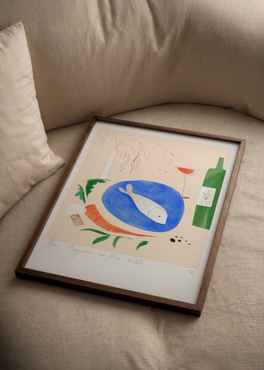 A vibrant Aegean-themed poster featuring fish, wine, and herbs.