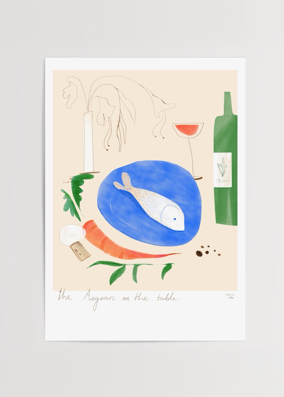 A vibrant Aegean-themed poster featuring fish, wine, and herbs.