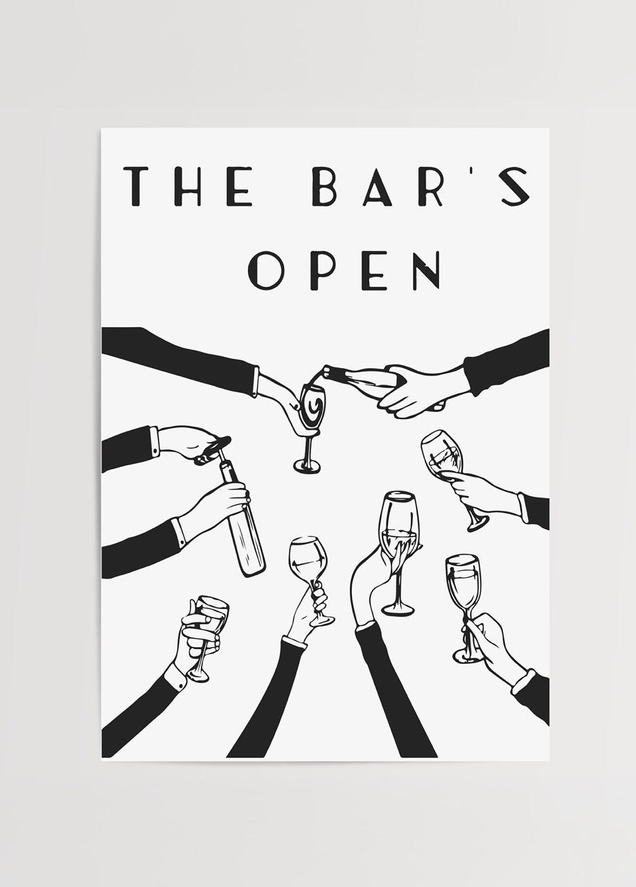Monochrome illustration of hands raising drinks in a celebration for The Bar&
