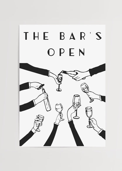Monochrome illustration of hands raising drinks in a celebration for The Bar&