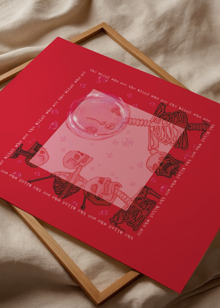 A vibrant illustration poster featuring whimsical skeletons and bubbles on a red background.
