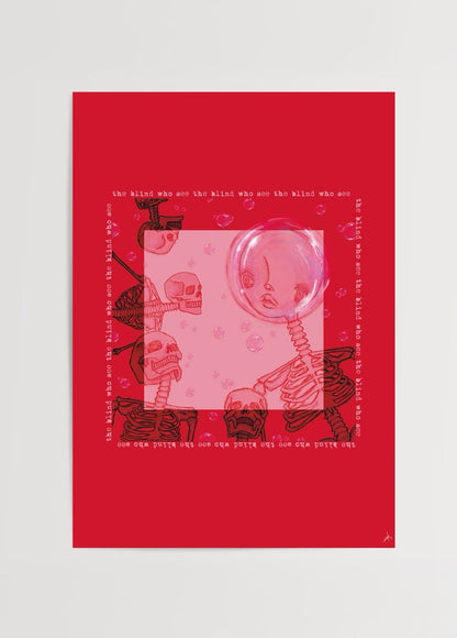 A vibrant illustration poster featuring whimsical skeletons and bubbles on a red background.