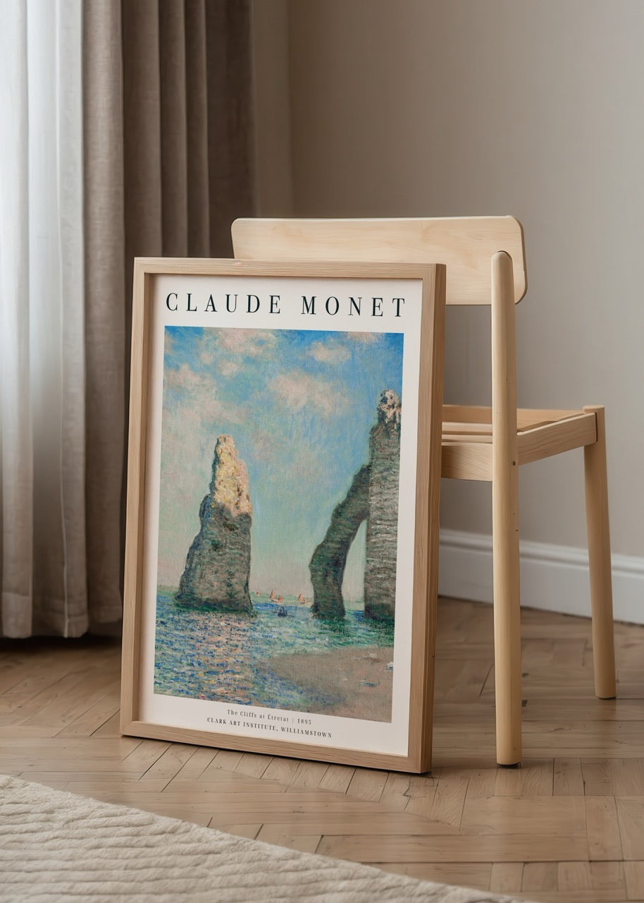 Coastal cliffs at Étretat depicted in serene blue and beige tones.