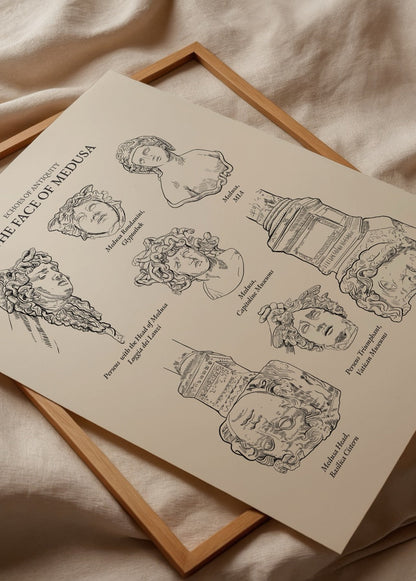 The Face of Medusa Poster Print showcasing classical illustrations of Medusa&