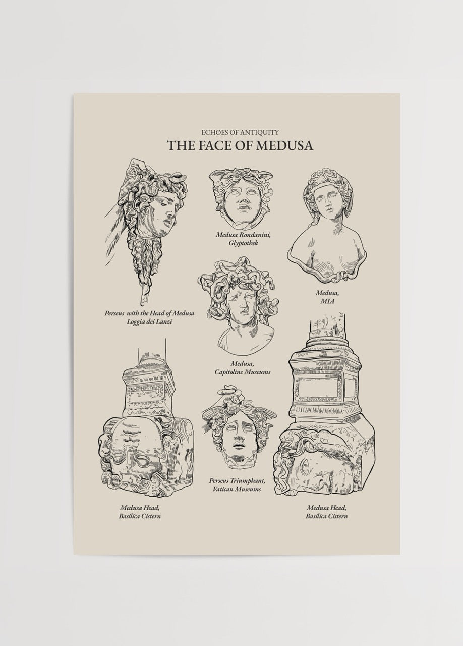 The Face of Medusa Poster Print showcasing classical illustrations of Medusa&
