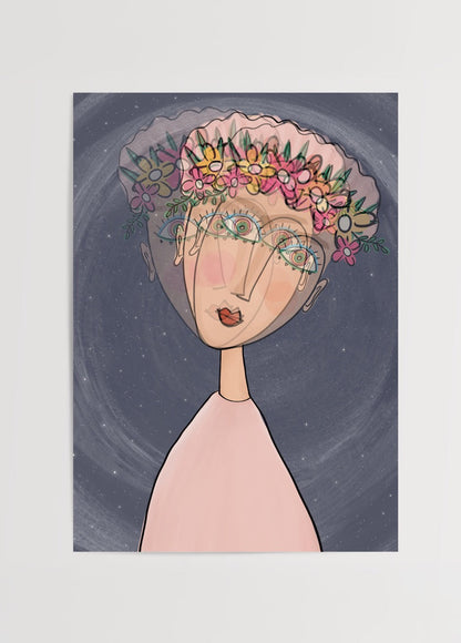 A whimsical illustration of a character with floral details set against a soft background.