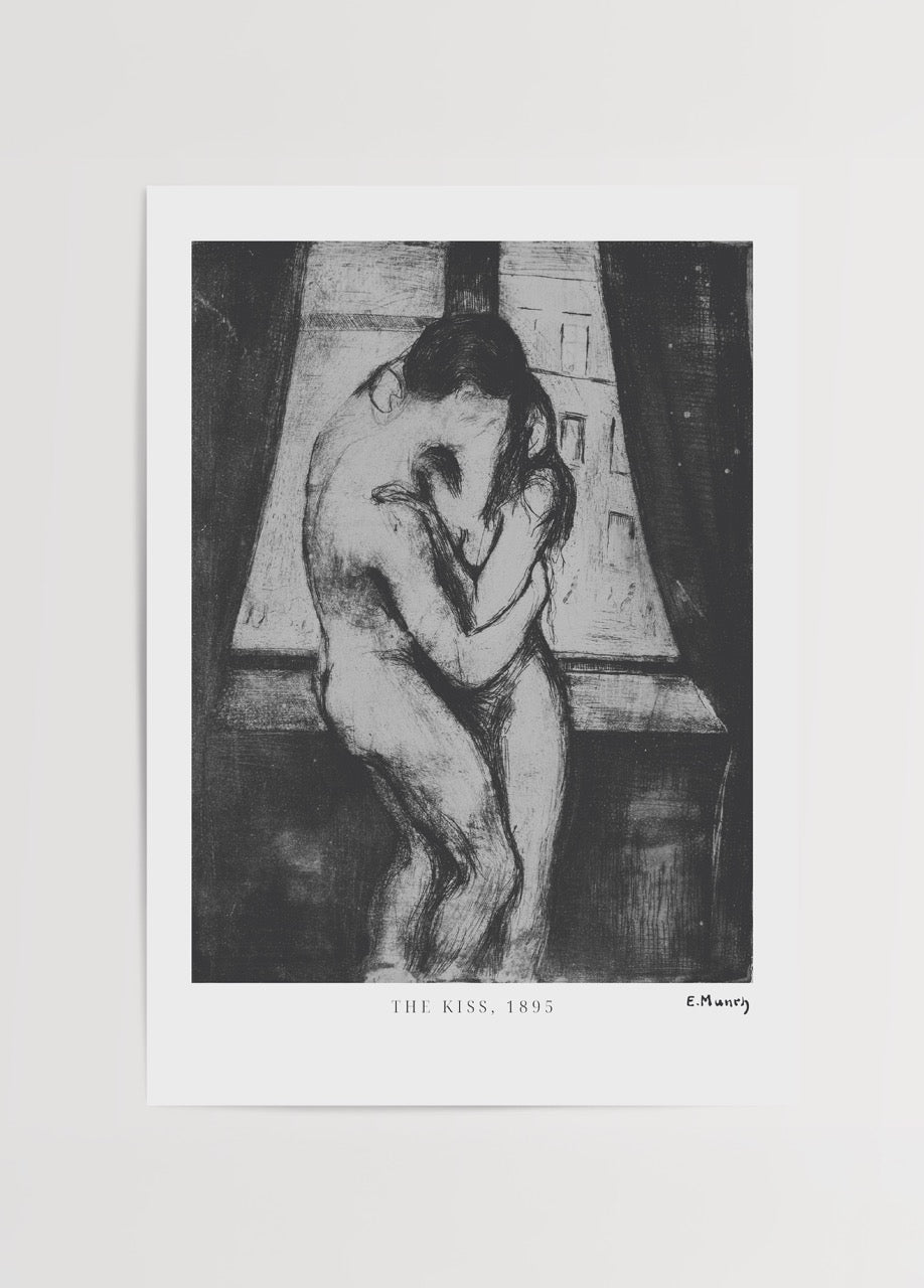 A black and white art print depicting a couple in an intimate embrace.
