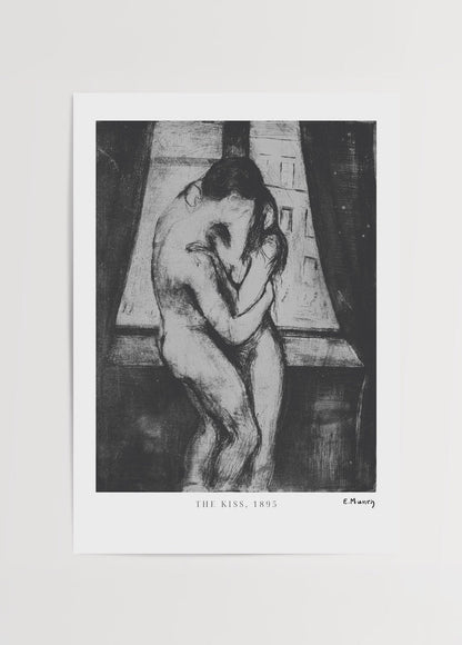 A black and white art print depicting a couple in an intimate embrace.