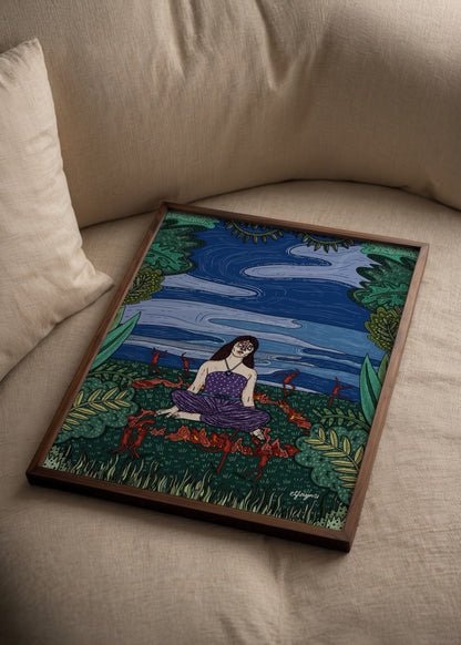 An illustration poster featuring a seated figure among vibrant greenery and fiery elements, perfect for modern decor.