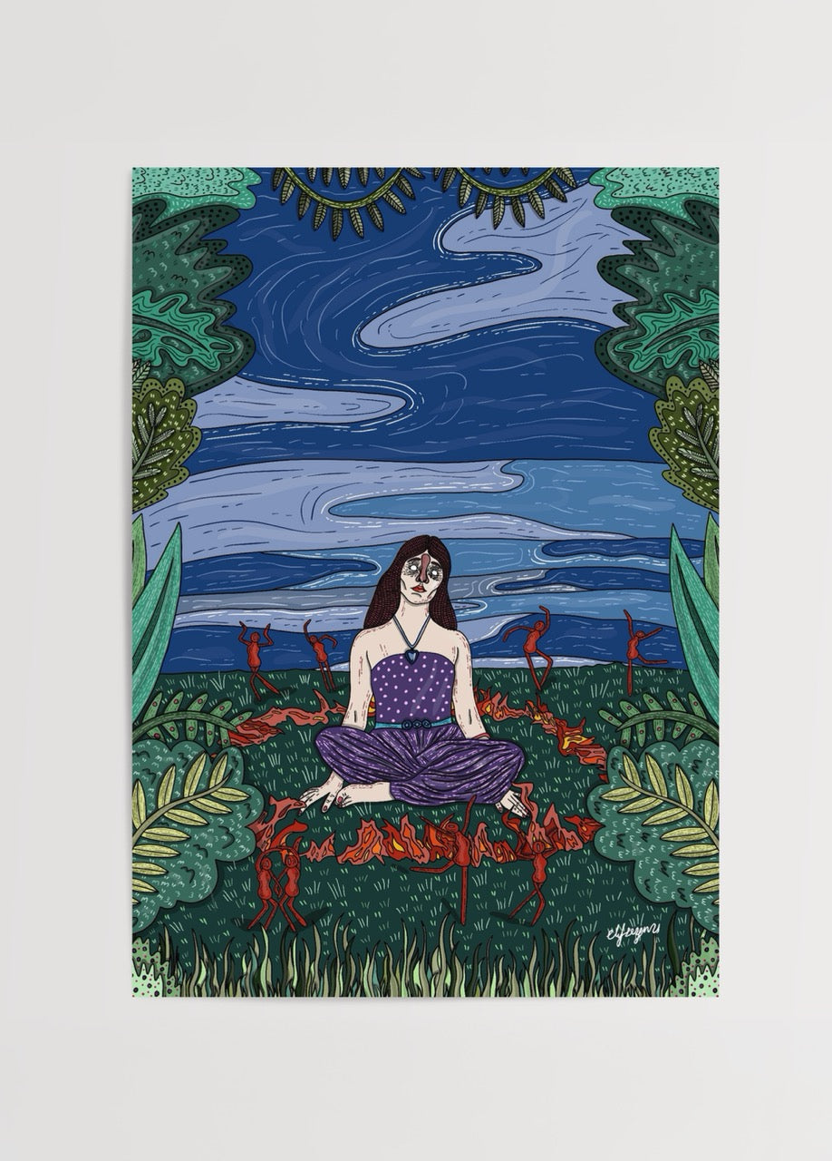 An illustration poster featuring a seated figure among vibrant greenery and fiery elements, perfect for modern decor.