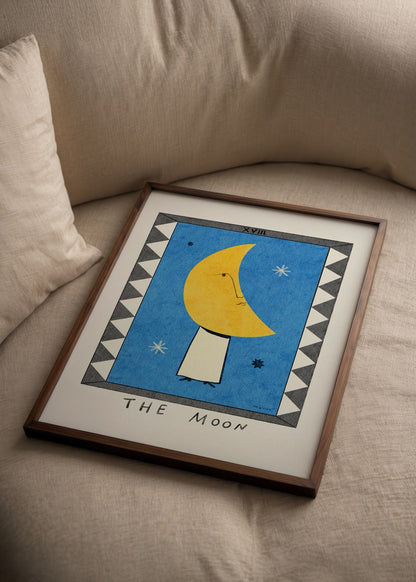 Whimsical illustration of a yellow moon on a vibrant blue background.