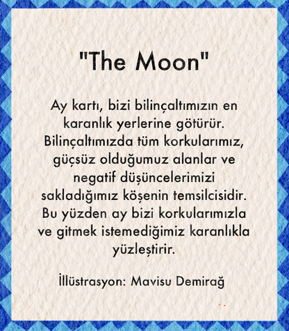 Whimsical illustration of a yellow moon on a vibrant blue background.