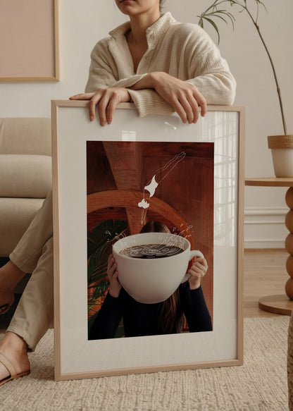 A whimsical poster print featuring a giant coffee cup and a figure diving into it, perfect for modern interiors.